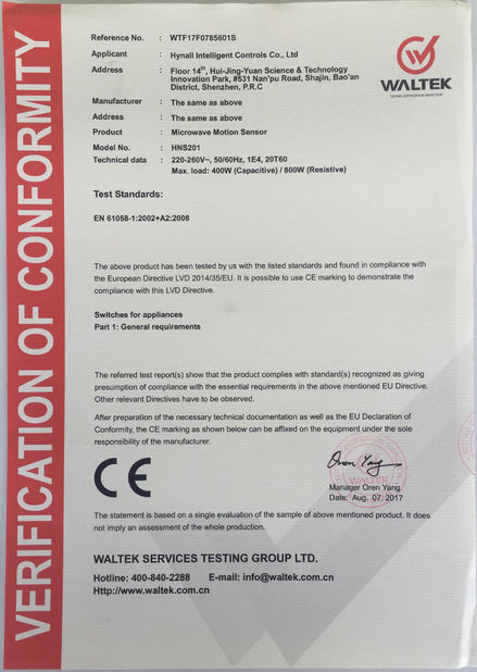 China Hynall Intelligent Control Co. Ltd Certificações