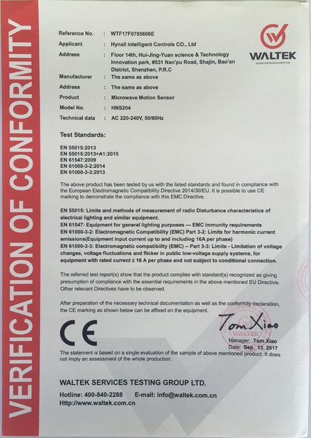 China Hynall Intelligent Control Co. Ltd Certificações